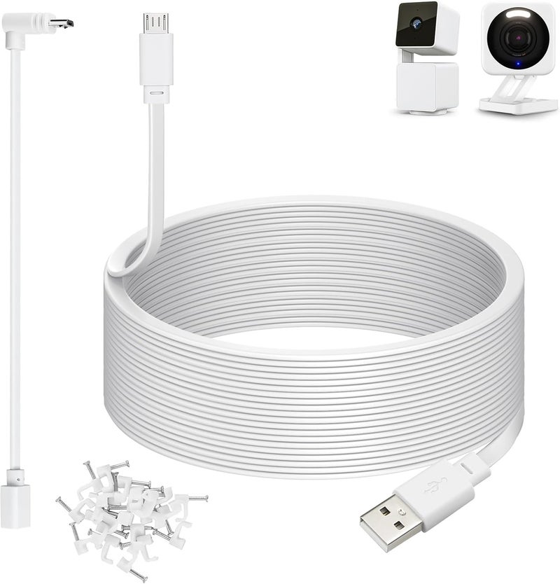 weishan 50ft Power Cable for Wyze Cam v4,Wyze Cam Pan v3,Wyze OG,Wyze Cam v3 and v3 Pro Security Cameras - 15m Long Flat Extension USB to Micro USB Charging Cord with L-Shaped Adapter, White - Image 1